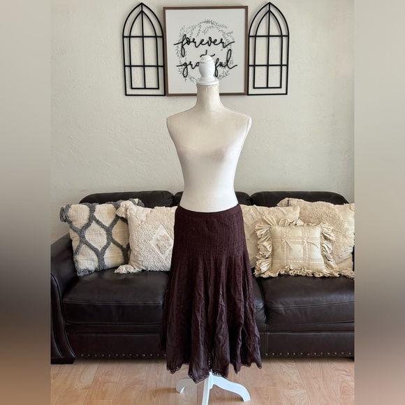 Harold’s Brown Lace Trim Tiered Midi Skirt Size 8 Classic Hippie Whimsical - Picture 2 of 10